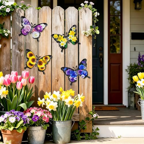 Metal Butterfly Wall Art Flower Print Butterflies Outdoor Fence Decor