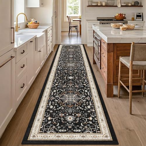 nesrt Boho Washable Hallway Runner Rug 2x10, Soft Non-Slip Extra Long Kitchen Carpet, Black Vintage Geometric Entrance Floor Runner for Bedroom Bathroom Stairway, Large Indoor Entryway Decor - color: Black, size: 2' x 10' (Rectangular)