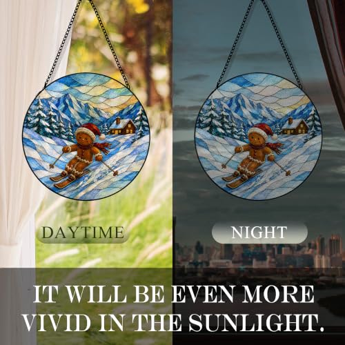 Gingerbread Skiing Suncatcher Stained Glass Window Hanging, Winter Christmas Gingerbread Ski Scene Sun Catchers Indoor Garden Glass Round Wall Decor, Xmas Wall Art Hanging Decorations 7.8x7.8 - color: Christmas_17