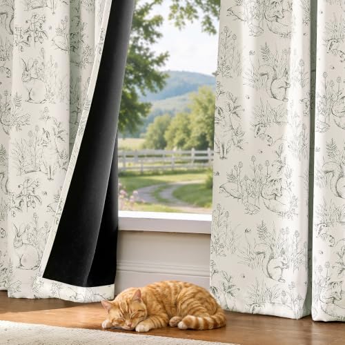 jinchan Green Floral Blackout Curtains Woodland 96 Inch Back Tab 2 Panels - color: Sage Green on Beige, size: 50"W x 96"L (Pack of 2)
