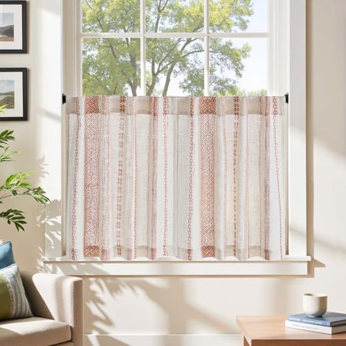 jinchan Liora Terracotta Linen Tier Curtains 24 Inches Back Tab 2 Panels - color: Liora | Terracotta on Linen, size: 26"W x 24"L (Pack of 2)