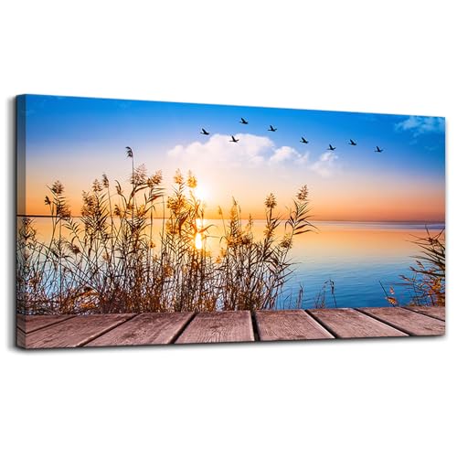 MHARTK66 Large Coastal Beach Sunset Canvas Wall Art for Living Room, 60x30 - color: Blue Sunrise Scenery (Wrapped Canvas), size: 60"L x 30"W
