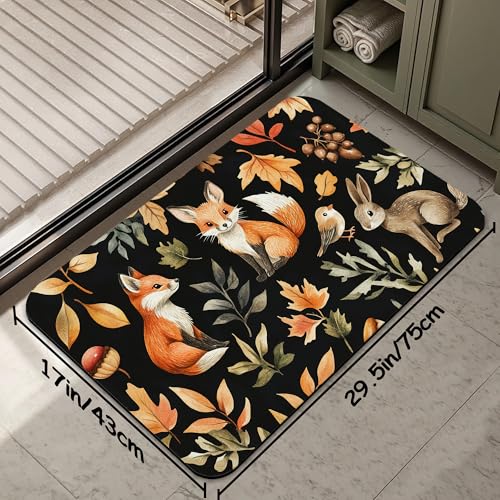 Retro Fox Bathroom Rug 29.5"x17",Leaves Quick-Drying Super Absorbent Diatomite Bath Mat with Non-Slip Backing, Thin Washable Bathroom Floor Mat Fits Under Door for Shower, Sink, or Tub - color: Retro Fox Leaves