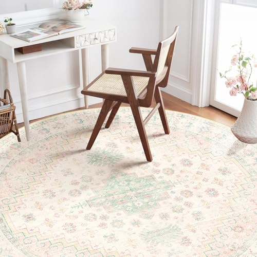 MUJOO Round Rugs 5ft Circle Area Rug Washable Boho Low Pile Pink and Green - color: Pink and Green, size: 5' (Round)