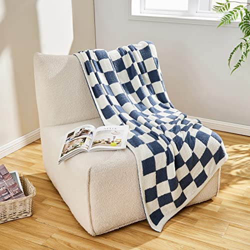 CozeCube Dusty Blue White Reversible Checkered Knit Throw Blanket 50"x60" - color: Dusty Blue and White, size: 50"x60"