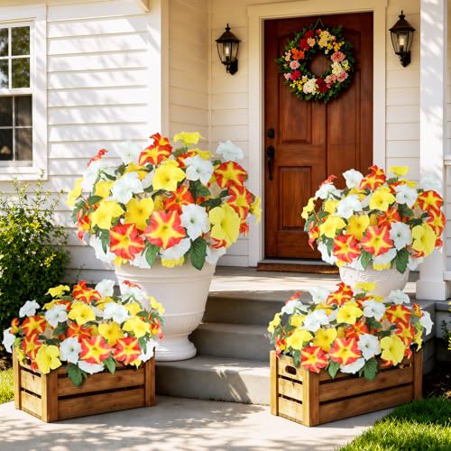 Uieke Artificial Flowers for Outdoors, 24PCS Faux Petunias Outdoor Uv Resistant Silk Flower, Spring Decorations for Home Garden Patio Porch, Yellow&White - color: Yellow & White