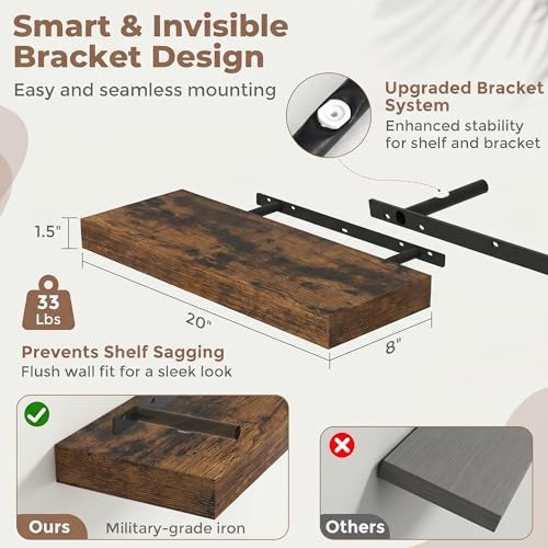 20 Inch Floating Shelves for Wall, 8"D Wood Storage Shelves, Brown Finish - color: Brown, size: 20 Inch