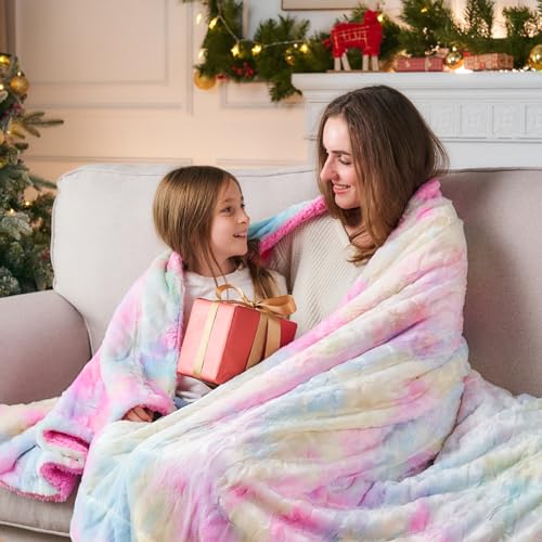 NEWCOSPLAY Faux Fur Sherpa Twin Blanket for Couch, Light Rainbow, 60"x80" - color: Light Rainbow, size: Twin(60"x80")
