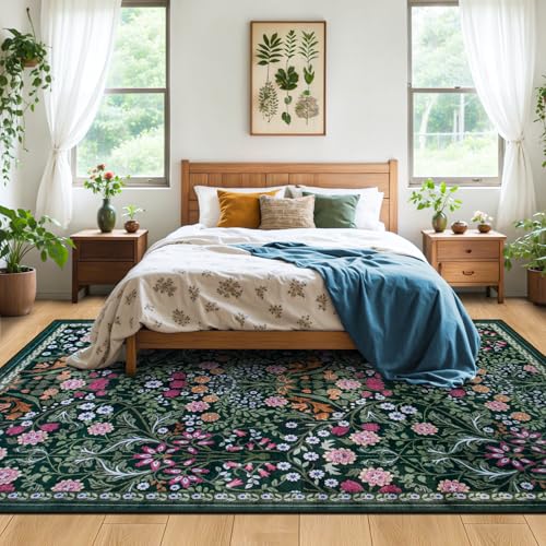 PLHXFR Area Rug 10x14 Living Room: Floral Washable Boho Carpet Dark Green - color: Dark Green, size: 10' x 14' (Rectangular)