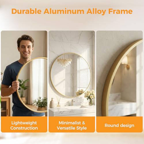 NEWBULIG 24 Inch Round Wall Mirror, Bathroom Mirrors for Over Sink - color: Gold-round, size: 24"L x 24"W