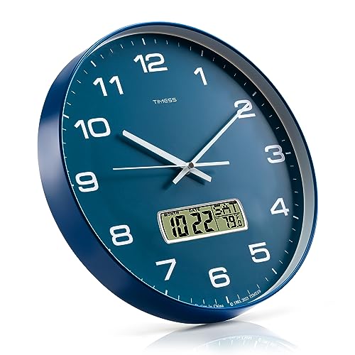 TIMESS Wall Clock, 14" Large Dial Non-Ticking Silent Battery Operated Analog with LCD Display for Perpetual Calendar and F° Temperature, Ideal Modern Home, Bedroom, Kitchen, Office Decor (Blue) - color: Blue, size: 14 Inch