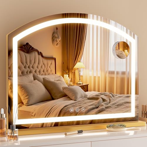 Hasipu Arch Vanity Mirror with Light, Arched Led Makeup Mirror with 10X Magnification, Tabletop Desk Mirror with USB Charging Port, Dimmable 3 Colors Mode, 32" x 24" Inch Gold - size: 32"L x 24"W