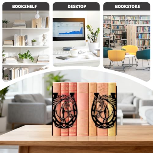 Peacoblue 5.5"x4.3"x8.3" Metal Bookends, Heavy Duty Book Ends for Shelves - style: Horse and Horseshoe