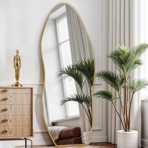 Antok Irregular Full Length Mirror, 68"x26" Asymmetrical Floor Mirror with Stand, Standing Hanging Leaning Irregular Mirrors for Bedroom Living Room Entryway, Wavy Shaped, Golden - color: Gold, size: 68"L x 26"W, style: Wavy Shaped Style