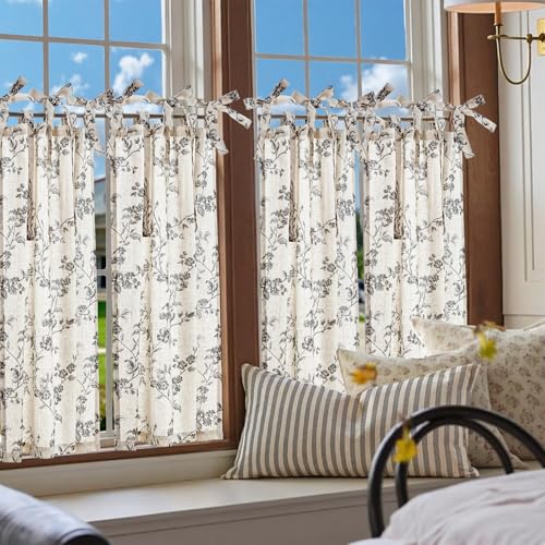 jinchan Black Floral Kitchen Tier Curtains Alisa 36 Inches Tie Top 2 Panles - color: Alisa Black on Linen, size: 26"W x 36"L (Pack of 2)