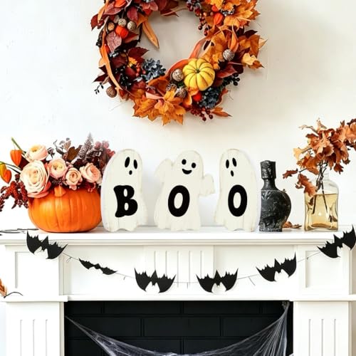 3 Pcs Halloween Table Decorations Indoor Halloween Ghost Decorations Wooden Boo Signs Rustic Halloween Table Centerpiece for Home Shelf Mantel Tabletop Windowsill Party