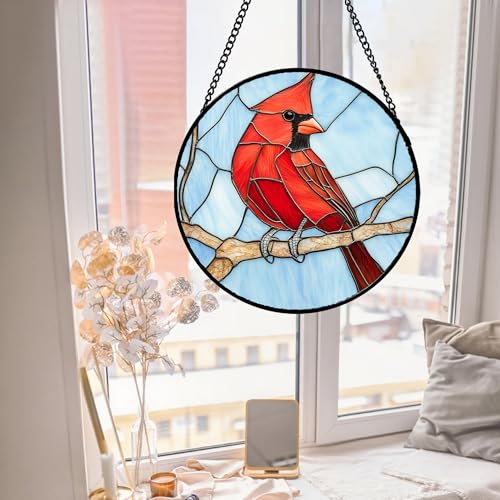 A Cardinal in The Tree Stained Glass Window Hanging Suncatcher Gifts 9.8" - color: Red, size: 9.8x9.8 IN