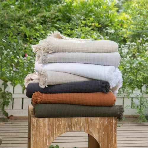 MooMee 100% Cotton Muslin Blanket, Fringed 4-Layer Gauze Bed Throw Blankets - color: Beige, size: Oversize Queen