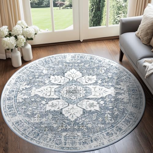 BESTSWEETIE Washable Boho Round 6ft Area Rug, Living Room, Blue Grey White - color: Grey, size: 6' (Round)