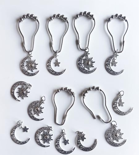 Decorative Sun Moon Celestial Shower Curtain Hooks Rings Set of 12, Silver - color: Silver
