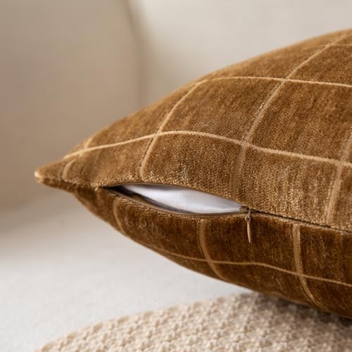 Set of 2 Chenille Check Throw Pillow Covers Decorative Vintage Plaid Pillowcase Neutral Boho Couch Pillows Farmhouse Cushion Covers for Sofa Couch Living Room 30x50 Inch,Toffee - color: Toffee, size: 20" x 12" (Pack of 2)