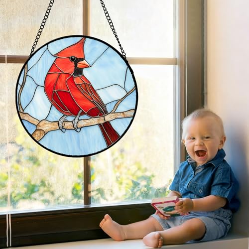 A Cardinal in The Tree Stained Glass Window Hanging Suncatcher Gifts 15" - color: Red, size: 15x15 IN