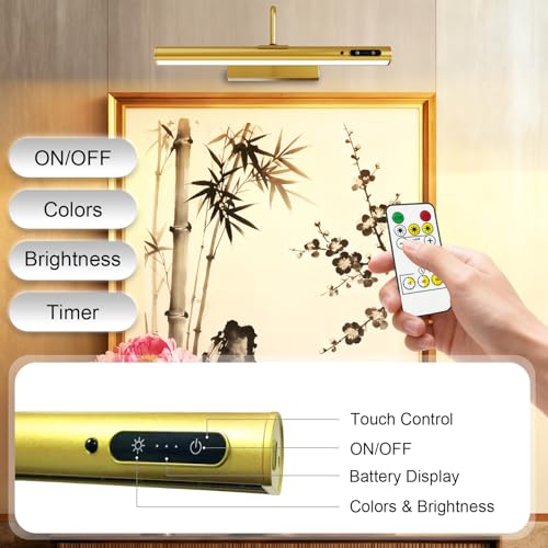 14-Inch Battery Operated Picture Light, Gold Finish Rechargeable Art Light - color: Brass