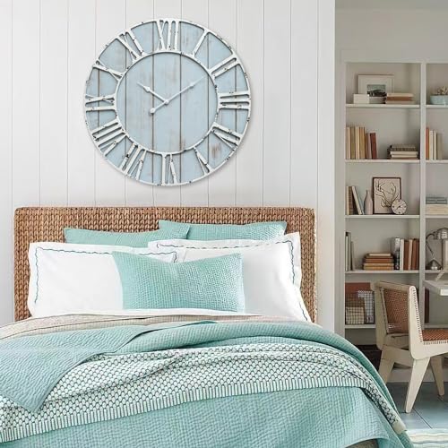EMAX HOME Large Farmhouse Wall Clock 24 Inch Vintage Blue Wooden Wall Clock with Quiet Ticking and Minimalist Roman Numerals for Bedroom Living Room Office Kitchen Home Decor, Battery Operated - color: Blue, size: 24 Inch
