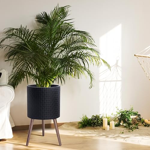 D'vine Dev Planter Pot with Wood Stand, 14 in, Matte Black, 88-Z-D-2 - color: Matte Black, size: X-Large
