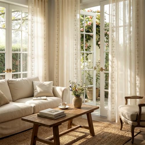 jinchan Floral Linen Curtains, Back Tab 54x96 Inch, 2 Panels Ivory - color: S | Ivory on Beige, size: 54"W x 96"L (Pack of 2)