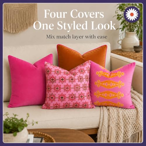 Pink Patterned Decorative Throw Pillow Covers, Set of 4, 18x18 Inch Bold Boho Accent Pillow Cover 4 Pack - color: Pink