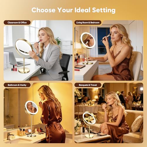 30X Magnifying Makeup Mirror with Lights, Height Adjustable Double Sided Vanity Mirror, 360° Rotation Cosmetic Mirror for Desk Bathroom - Antique Bronze