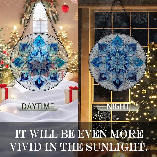 Blue Snowflake Christmas Suncatcher Stained Glass Garden Window Hanging, Winter Snowflake Sun Catchers Indoor Window Glass Round Wall Decor, Christmas Wall Art Hanging Decorations, 7.8"x7.8" - color: Christmas_5