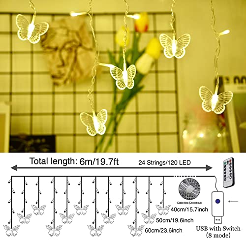 Butterfly Curtain Fairy Lights USB Plug in,8 Modes 120 LED 19.7FT Firefly Twinkle Timer String Lights with Remote, Waterproof Copper Wire for Bedroom Patio Christmas Wedding Party Dorm(Warm White) - color: Warm White