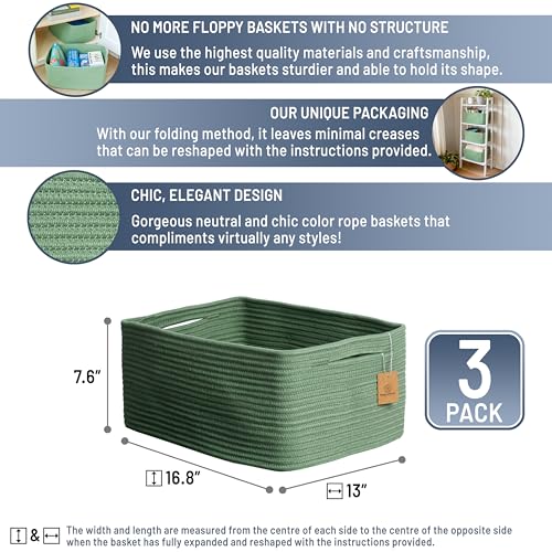 NaturalCozy Storage Baskets 16.8”x13”x7.6” Cotton Rope Woven Baskets for Organizing 3-Pack | Toy Storage Bins | Basket for Shelves, Laundry, Blanket, Clothes, Closet, Kitchen, Bathroom, Gifts - color: Green