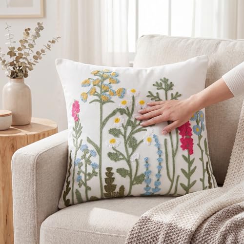 Blue Yellow Daisy Floral Embroidered Pillow Covers 18x18 Set of 2 - color: Blue Green Pink, size: 18" x 18" (Pack of 2)