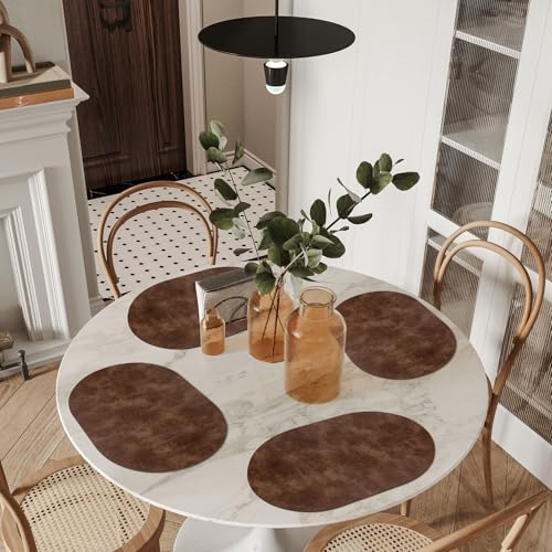 ADRIMER Oval Placemats Set of 6, Wipeable Faux Leather, Brown - color: Brown