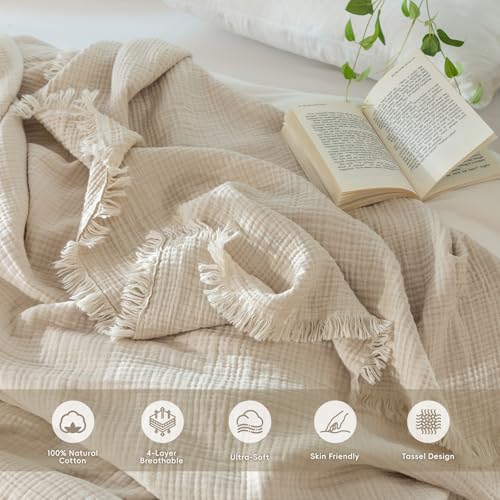 MooMee 100% Cotton Muslin Blanket, Fringed 4-Layer Gauze Bed Couch Throw - color: Beige, size: Throw