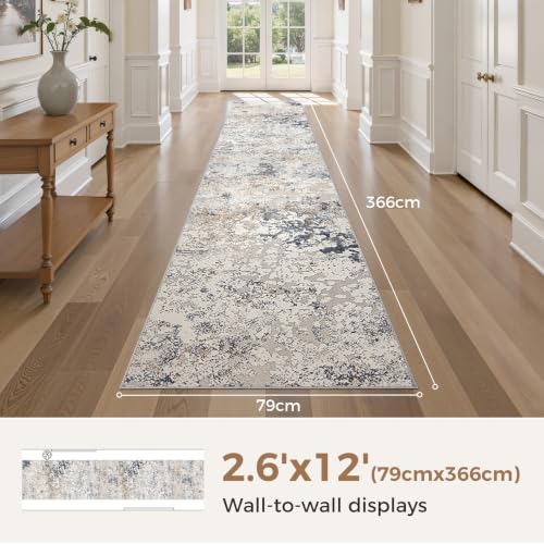 DMOYEST Washable Runner Rug for Hallway: 2.6x12 Neutral Modern Abstract Low Pile Area Rug with Non-Slip Backing - Carpet for Bedroom Kitchen Laundry Entryway Bathroom Indoor - Beige Blue - color: Beige Blue, size: 2'6" x 12' (Runner)