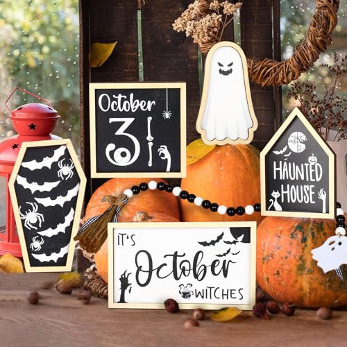 Halloween Decorations Indoor - 6 Pcs October 31 Sign Tiered Tray Decor, Haunted House, Bat, Ghost, Witches Beads - Indoor Centerpiece for Table Shelf