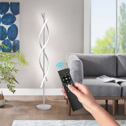 Modern Spiral Floor Lamp 62" Tall, Dimmable LED Corner Light with Remote & 3 Color Temperatures, White Standing Lamp for Bedroom Office Living Room