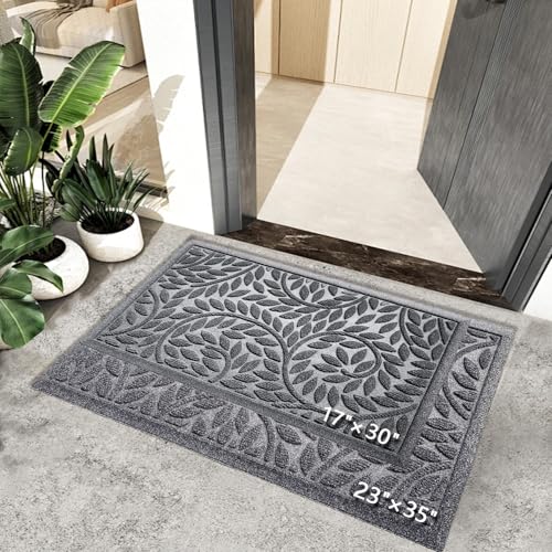 Bulijojo Front Door Mat Entrance,Durable Heavy Duty Welcome Mat,Thick Absorbent Natural Rubber Non Slip Mat,Sturdy Entryway Grey 17"x30" - color: Grey, size: 1'5" x 2'6" (Leaf)