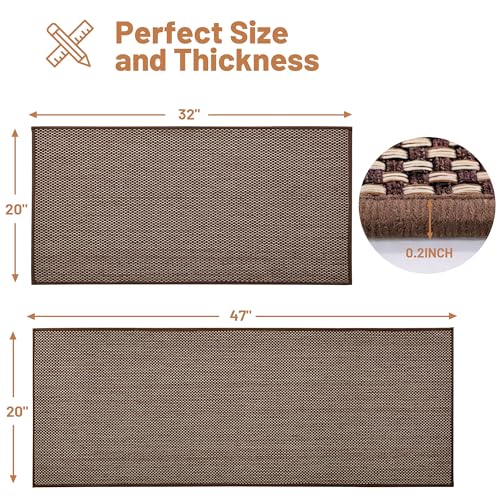 Brown Kitchen Rugs Non Slip Washable Set of 2 PCS, Cushioned Rugs for Kitchen Floor, Absorbent Runner Rug Comfort Mats with Rubber Backing for Kitchen, Hallway, Office, Bathroom, Home, 20"x32"+20"x47" - color: Brown, size: 20"x32"-20"x47"