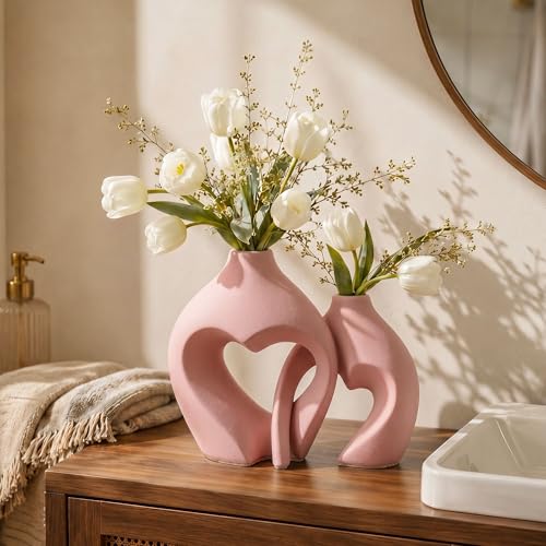 Modern Ceramic Flower Vase Home Table Decor Heart Shaped Vase Set of 2 - color: Pink