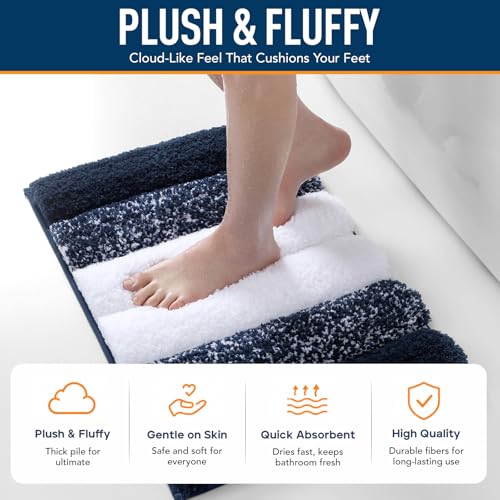XIYUNTE Shaggy Bathroom Rugs 24x16, Extra Thick 2000GSM Non Slip Bath Mat with Drain Groove Rubber Backing, Washable Quick Dry Absorbent Microfiber Bath Rugs for Bathroom Floor Tub Shower, Blue White - color: Blue White, size: 24” x 16”
