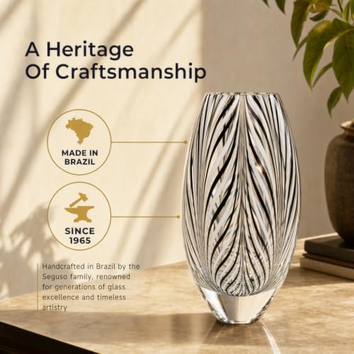Murano Style Glass Vase Hand Blown Black and White Feather Pattern Effect - color: Black and White