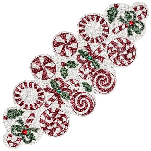 Beaded Christmas Table Runner, 13 x 36 Inches, Festive Holiday Table Decor - color: Red/Green/White