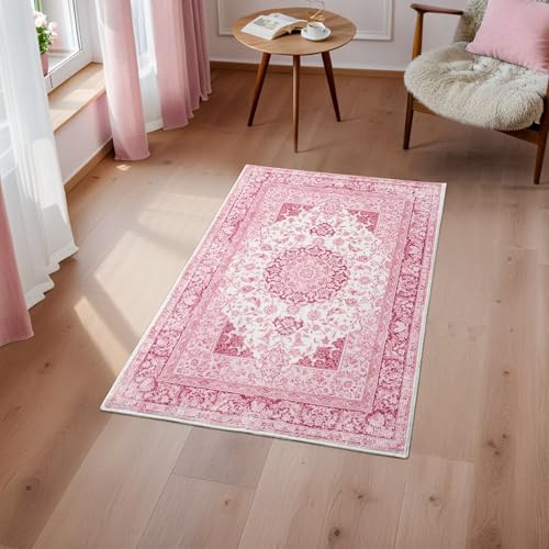 Macgace Washable Vintage Area Rug for Entryway, 2x3 Small Rugs Bright Pink - color: Pink & White, size: 2' x 3' (Rectangular)