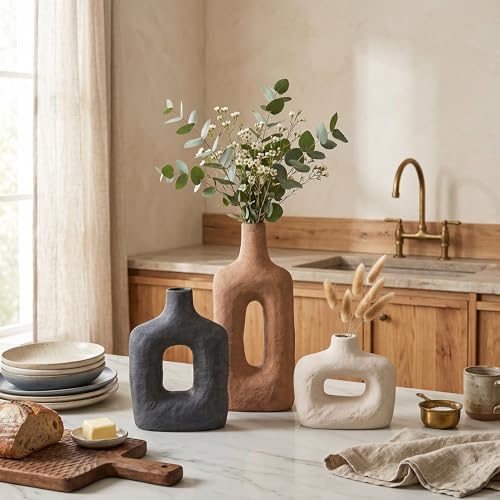 DREAMLOOM Ceramic Vase Set of 3, Black, Rust - color: Rust Red Combo - Hollow Design