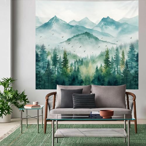 Atrippy Forest Mountain Nature Tapestry, Misty Foggy Sage Green Landscape Tapestries Wall Hanging, Tree Aesthetic for Bedroom Living Room Backdrop Decor 51x60 Inch - color: C Mountain Tapestry, size: 60"L x 51"W